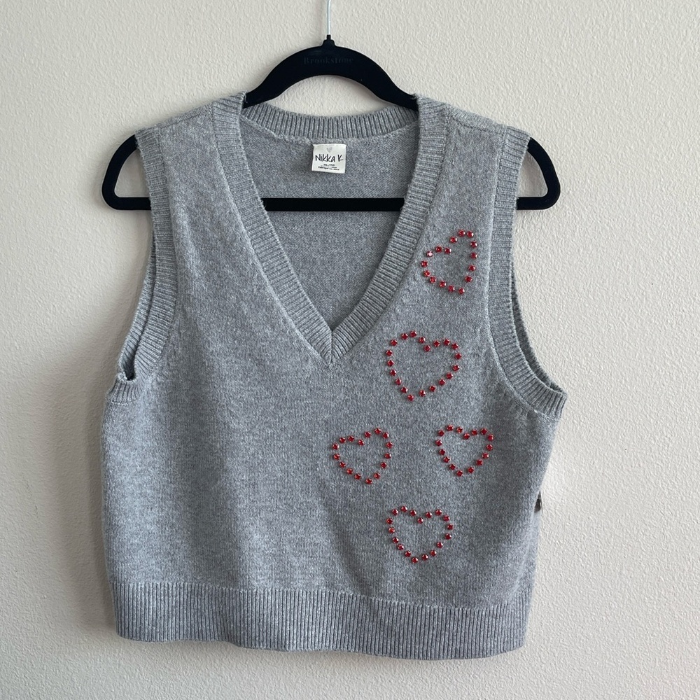 Gray Knit Vest with Red Heart Accents Size XL